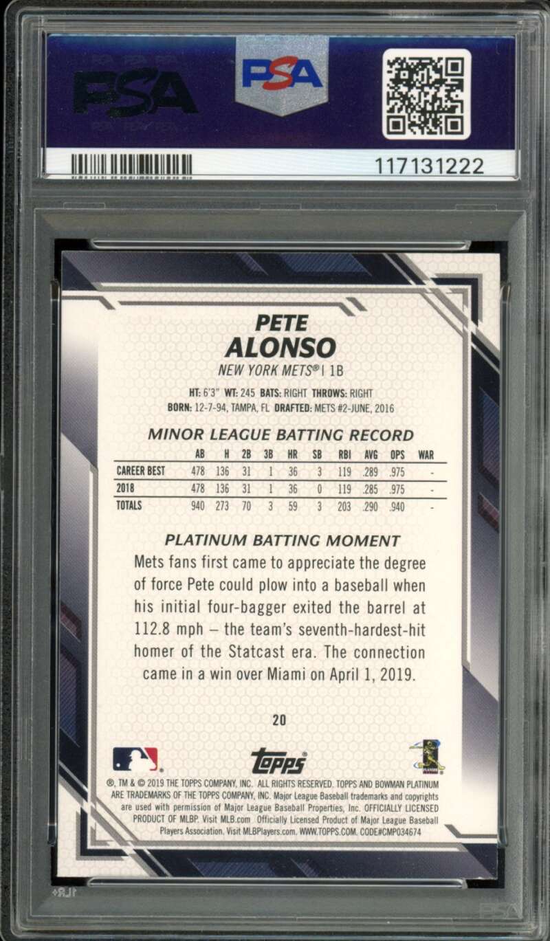 Pete Alonso Rookie Card 2019 Bowman Platinum #20 PSA 9 Image 2