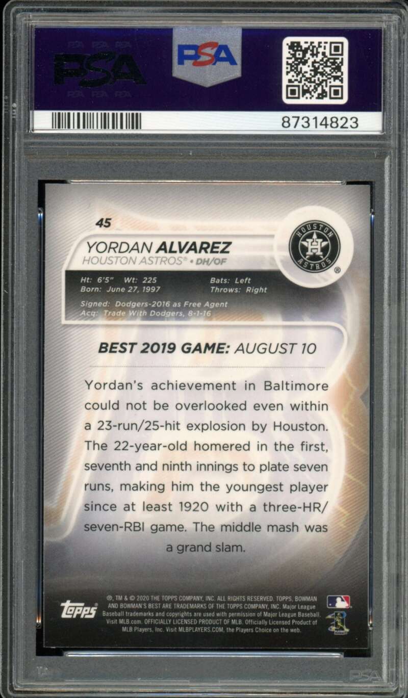Yordan Alvarez Rookie Card 2020 Bowman's Best #45 PSA 9 Image 2