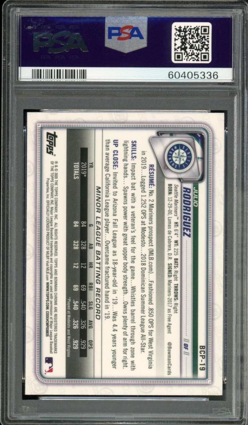 Julio Rodriguez Card 2020 Bowman Chrome Mega Box #BCP19 PSA 10 Image 2
