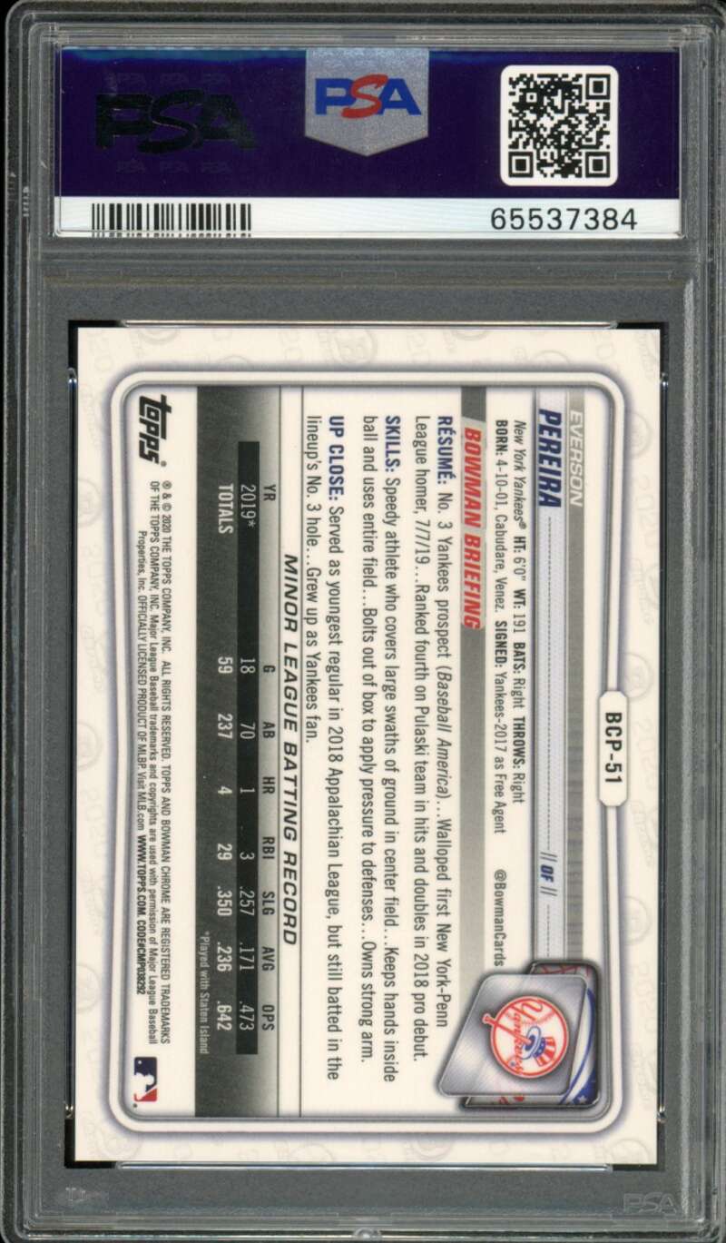 Everson Pereira Rookie Card 2020 Bowman Chrome Speckle Refractor #BCP51 PSA 9 Image 2