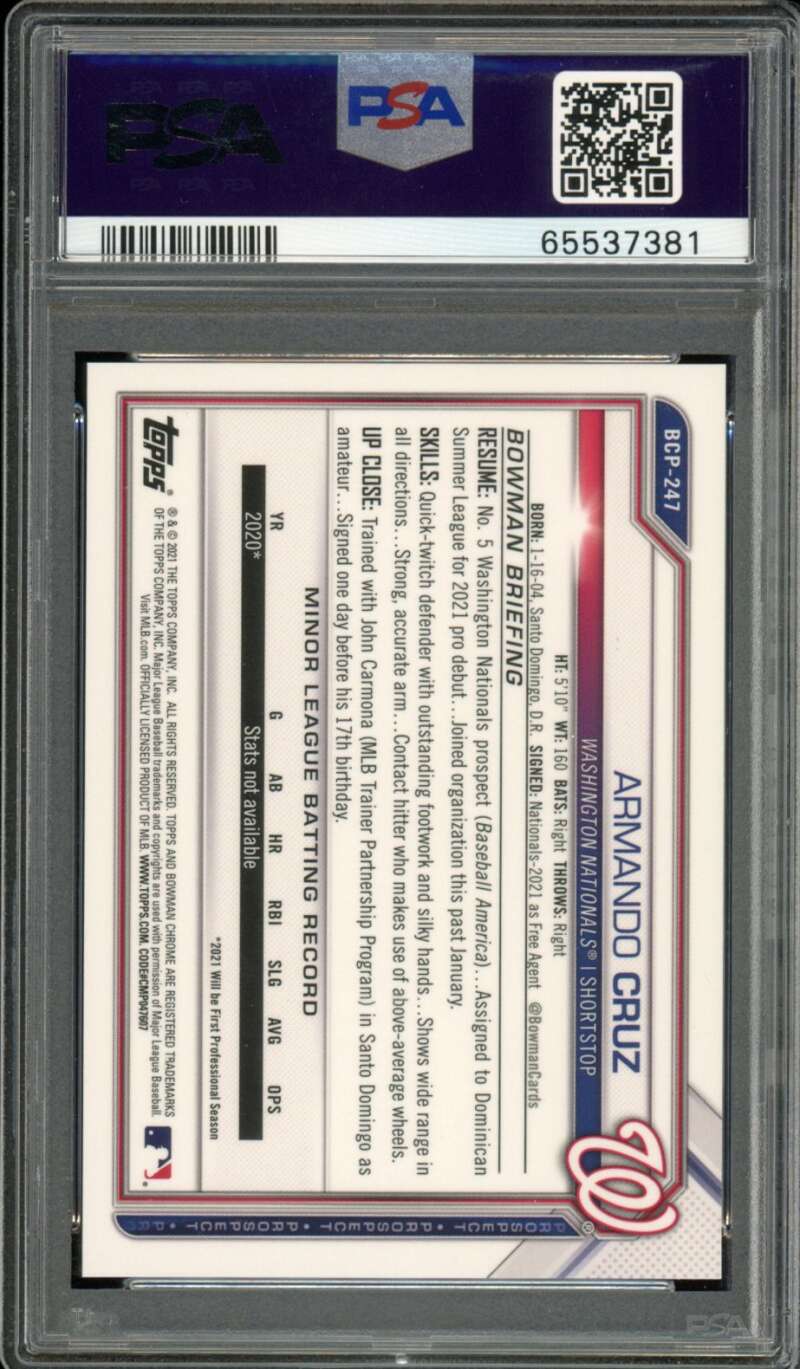 Armando Cruz Rookie 2021 Bowman Chrome Blue Refractor (pop 3) #BCP247 PSA 10 Image 2