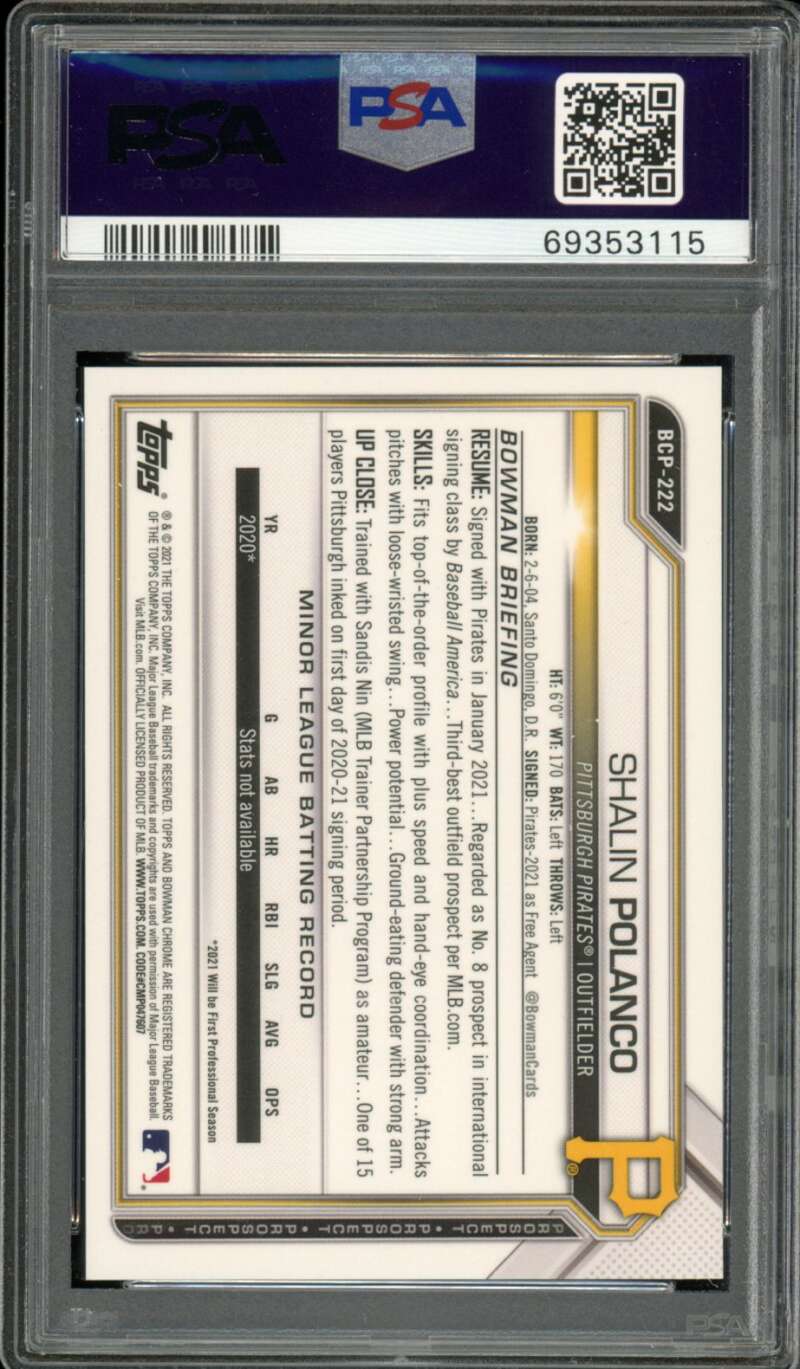 Shalin Polanco Rookie 2021 Bowman Chrome Prospects Purple Refractor #222 PSA 10 Image 2