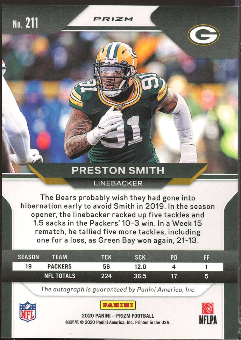 Preston Smith Card 2020 Panini Prizm Autographs Silver Prizms #211  Image 2