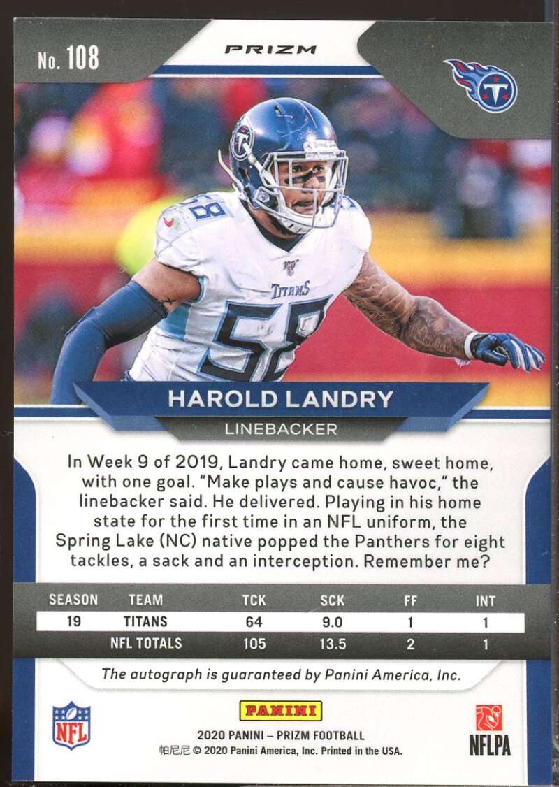 Harold Landry Card 2020 Panini Prizm Autographs Silver Prizms #108  Image 2