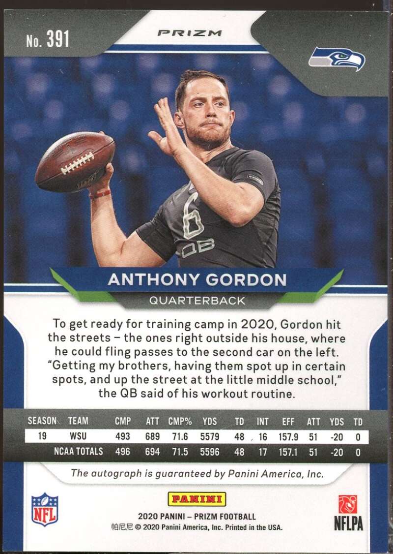 Anthony Gordon Card 2020 Panini Prizm Rookie Autographs Prizms Pink #391  Image 2
