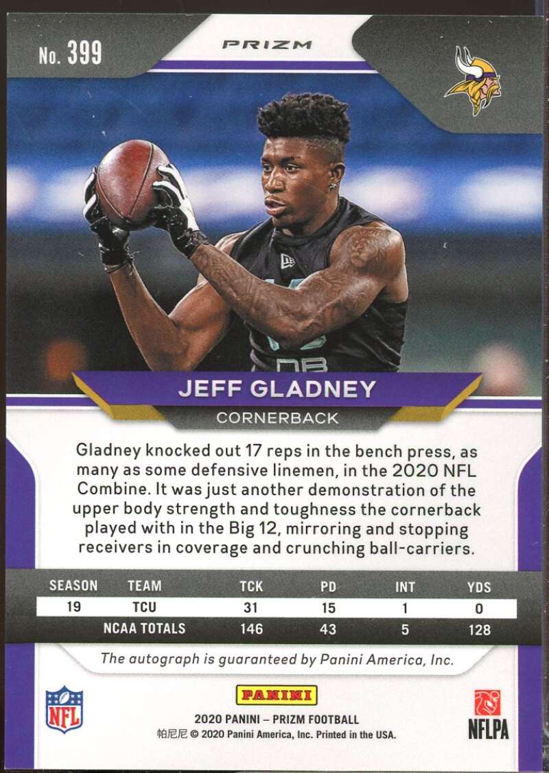 Jeff Gladney Card 2020 Panini Prizm Rookie Autographs Prizms Pink #399  Image 2