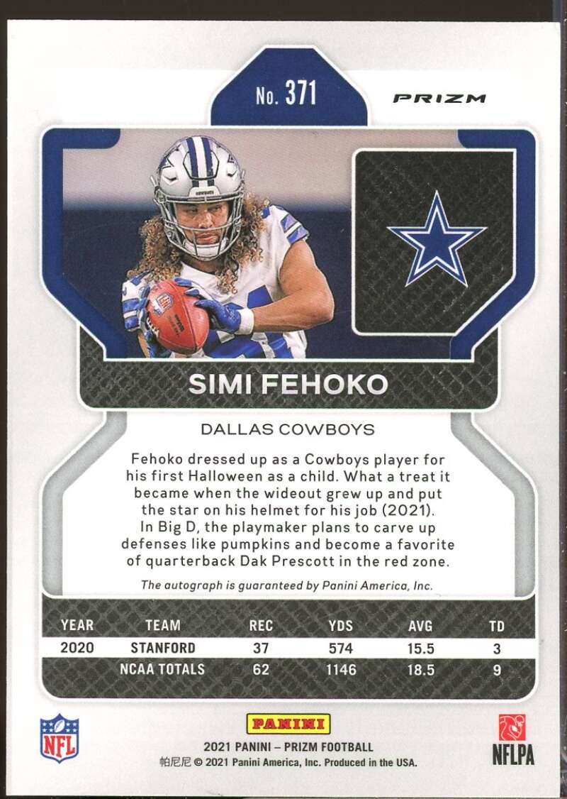 Simi Fehoko Card 2021 Panini Prizm Rookie Autographs Prizms #371  Image 2