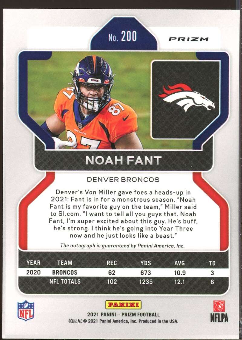 Noah Fant Card 2021 Panini Prizm Autographs Silver Prizms #200  Image 2
