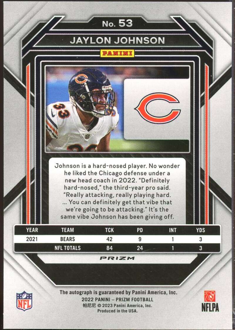 Jaylon Johnson Card 2022 Panini Prizm Autographs Silver Prizms #53  Image 2