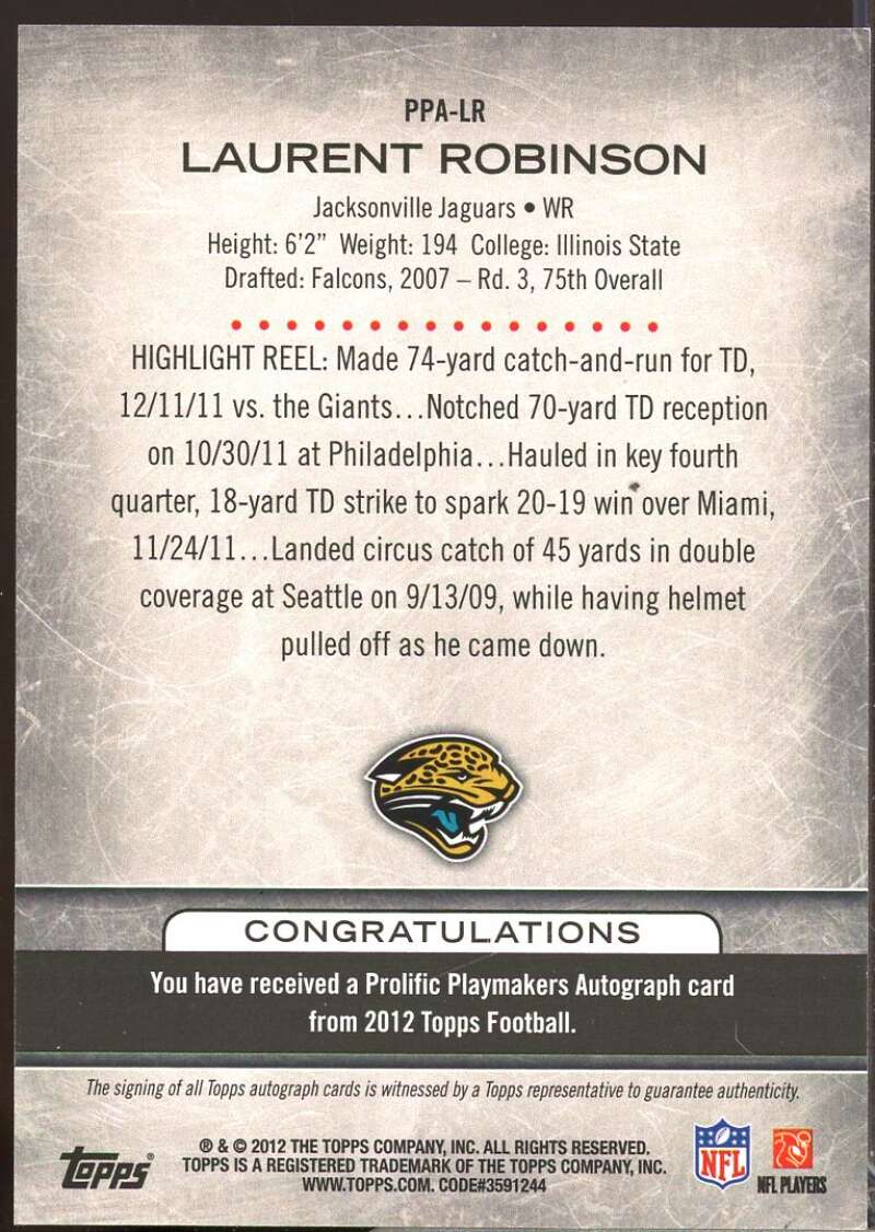 Laurent Robinson Card 2012 Topps Prolific Playmakers Autographs #PPALR  Image 2