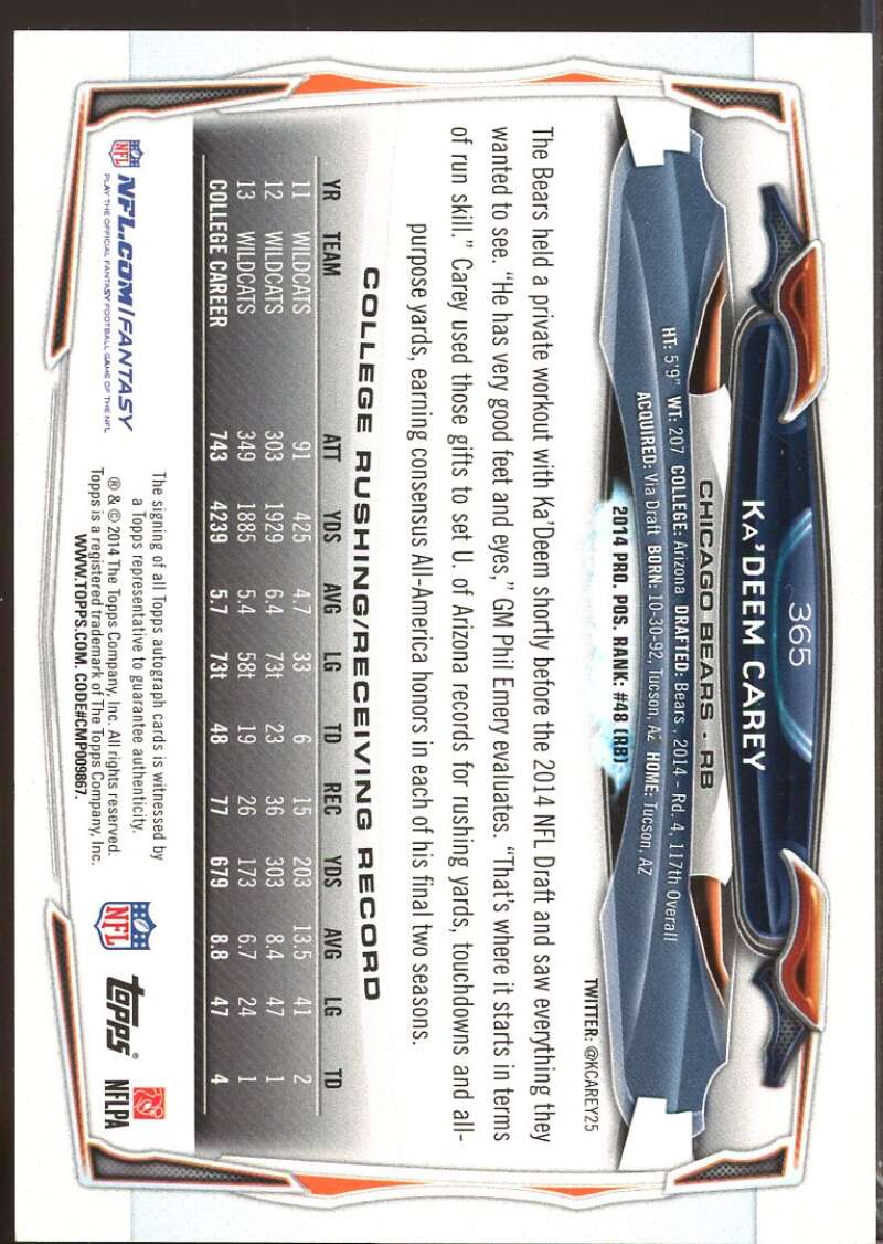 Ka'Deem Carey Card 2014 Topps Rookie Autographs #365  Image 2