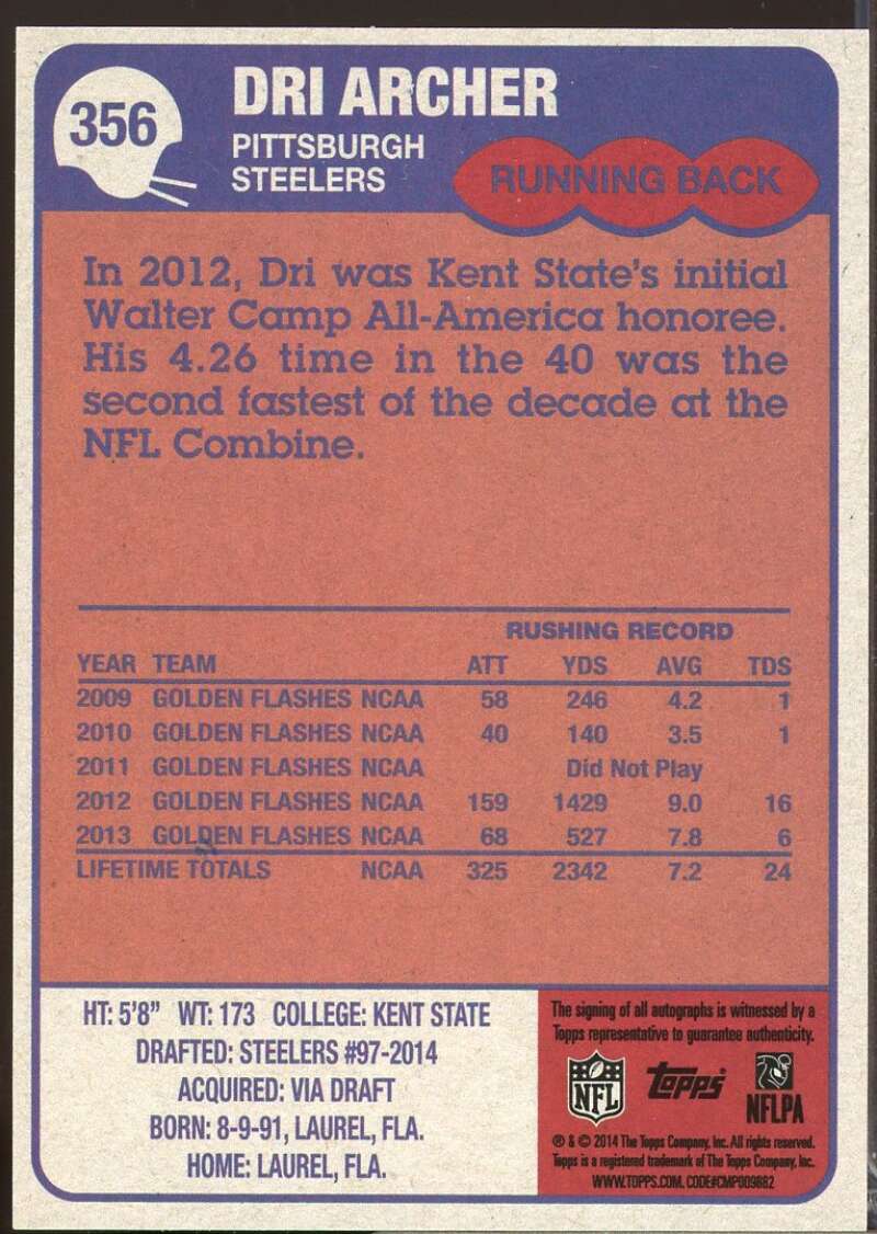Dri Archer Card 2014 Topps 1985 Rookie Autographs #356  Image 2