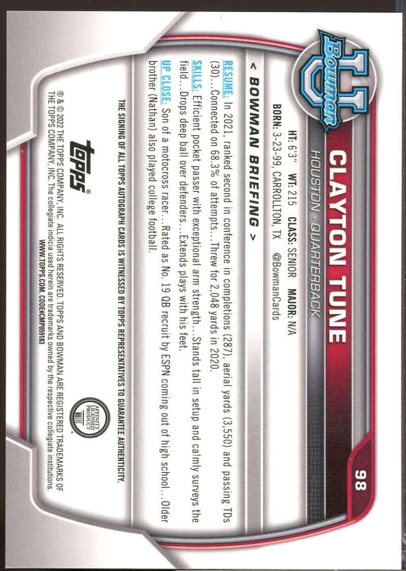Clayton Tune Card 2022 Bowman Chrome University 1st Bowman Autographs #98  Image 2