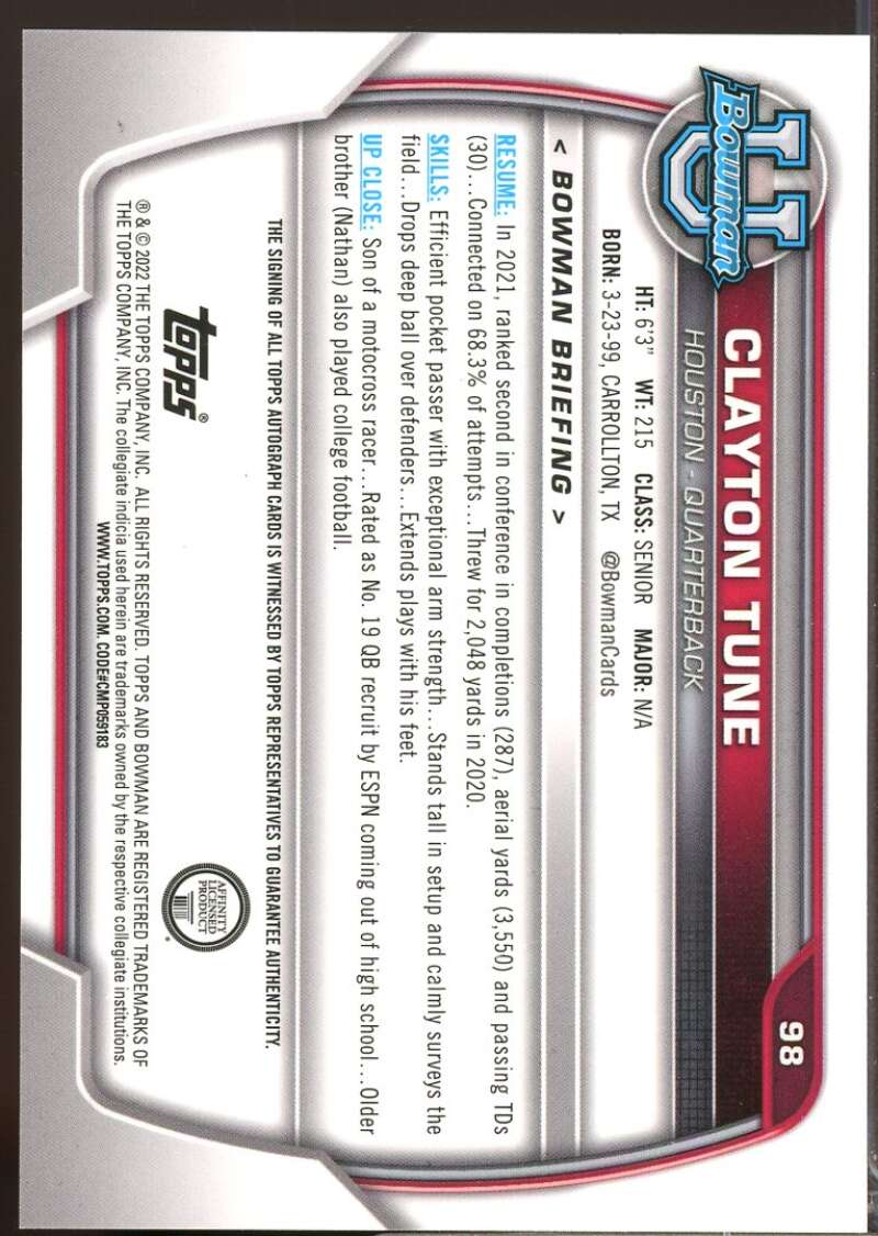 Clayton Tune Card 2022 Bowman Chrome University 1st Bowman Autographs #98  Image 2