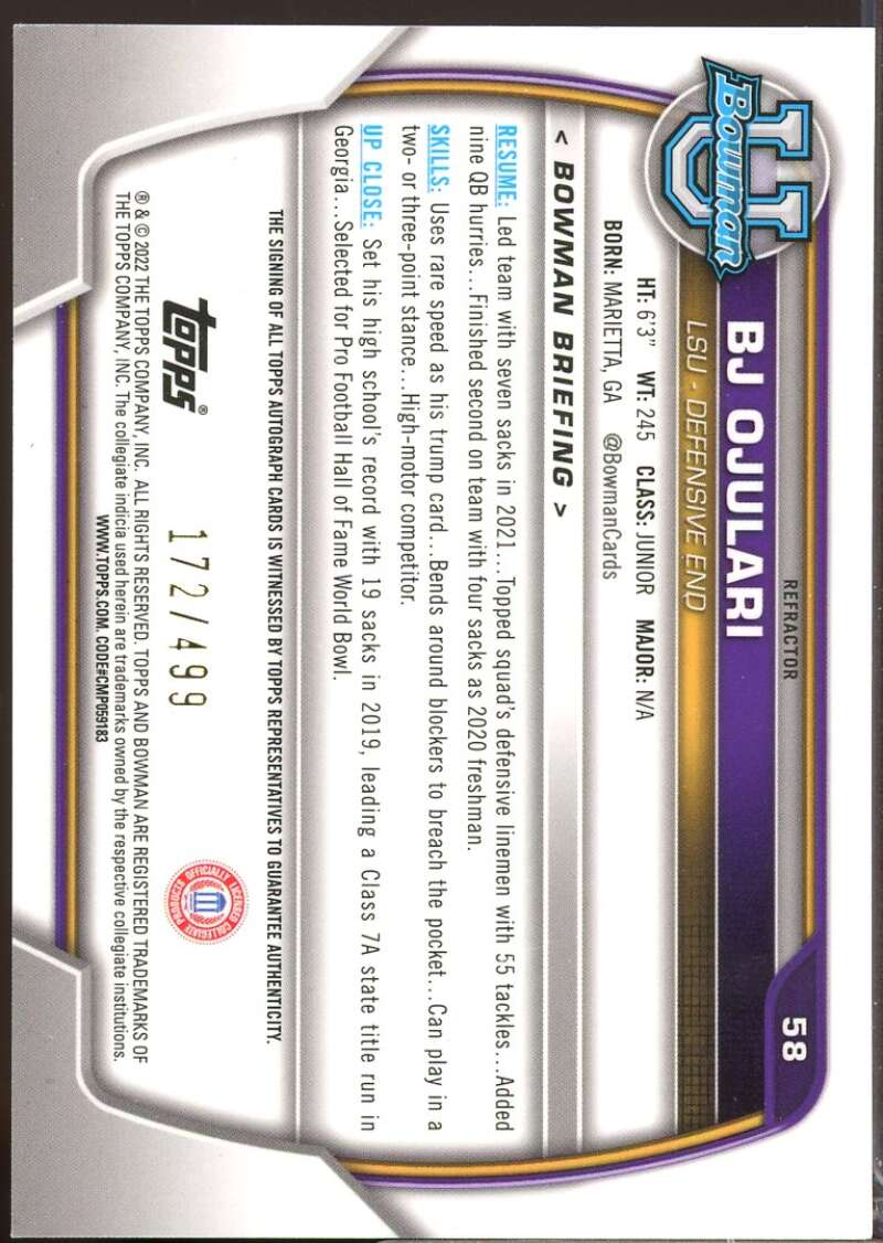 BJ Ojulari 2022 Bowman Chrome University 1st Bowman Autographs Refractors #58  Image 2