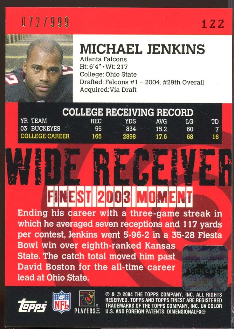 Michael Jenkins RC Card 2004 Finest Rookie Autograph #122  Image 2