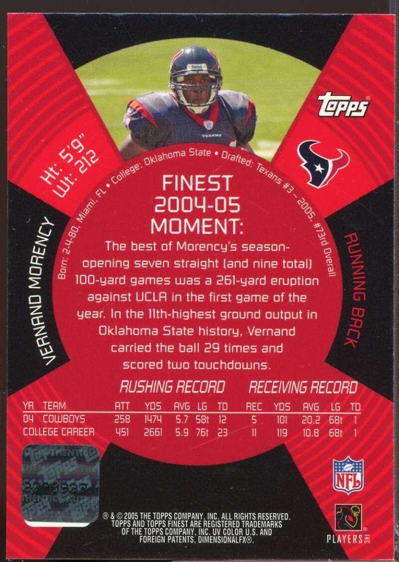 Vernand Morency RC Card 2005 Finest Rookie Autograph #183  Image 2