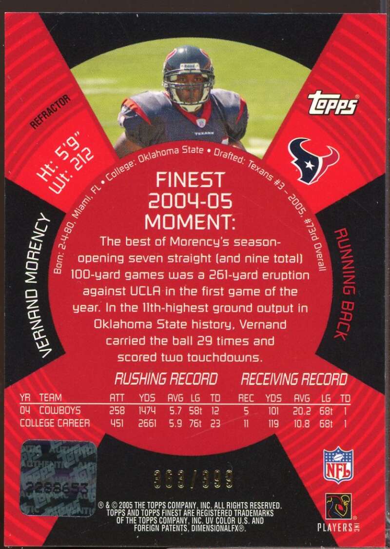 Vernand Morency RC Card 2005 Finest Rookie Autograph Refractors #183  Image 2
