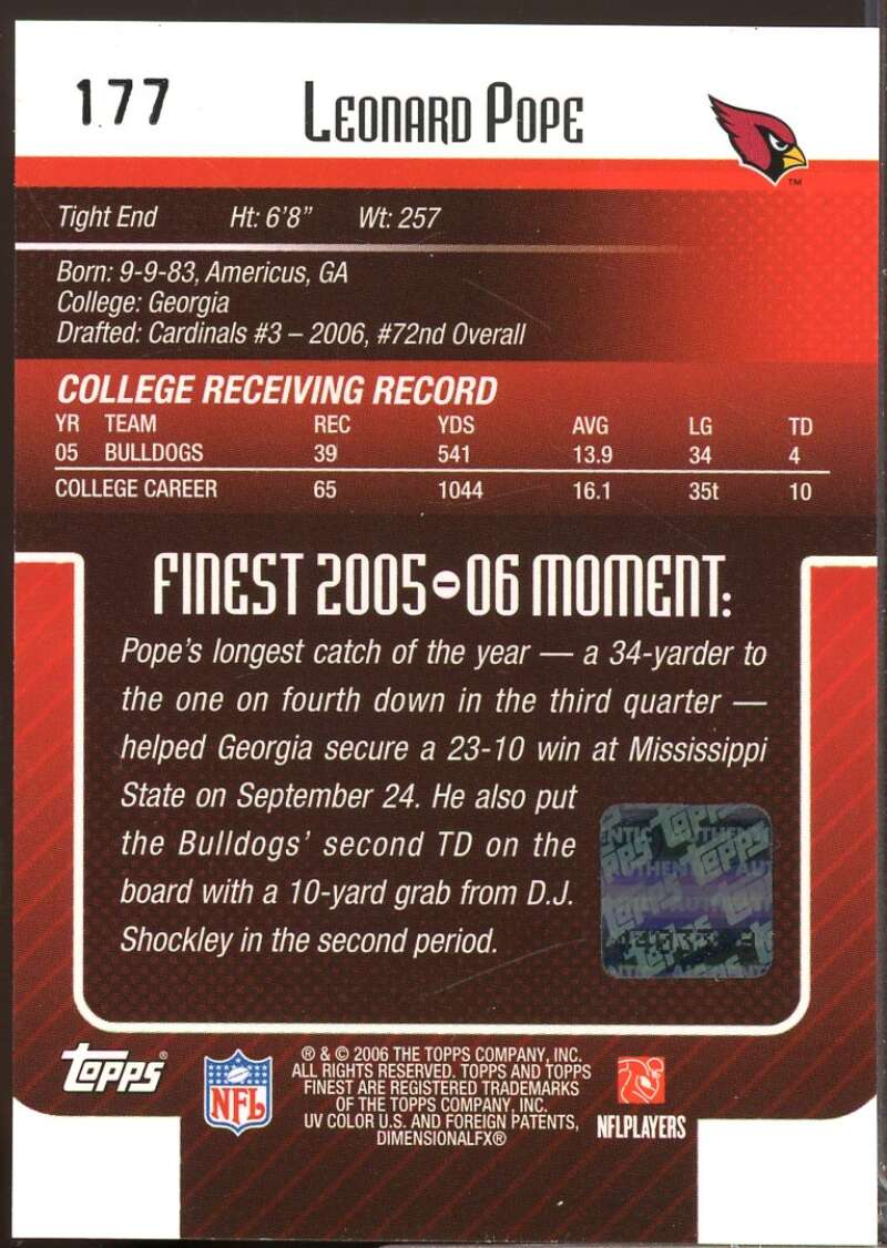 Leonard Pope RC Card 2006 Finest Rookie Autograph #177  Image 2