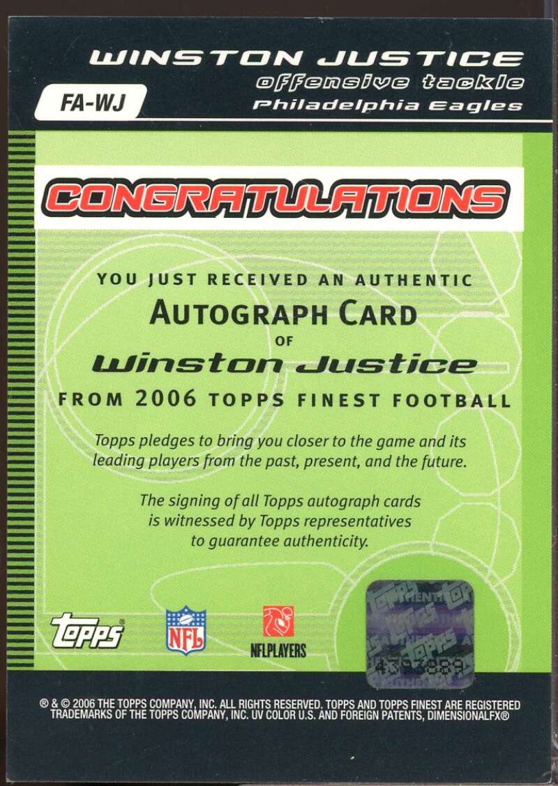 Winston Justice Card 2006 Finest Autographs Refractor #FAWJ  Image 2