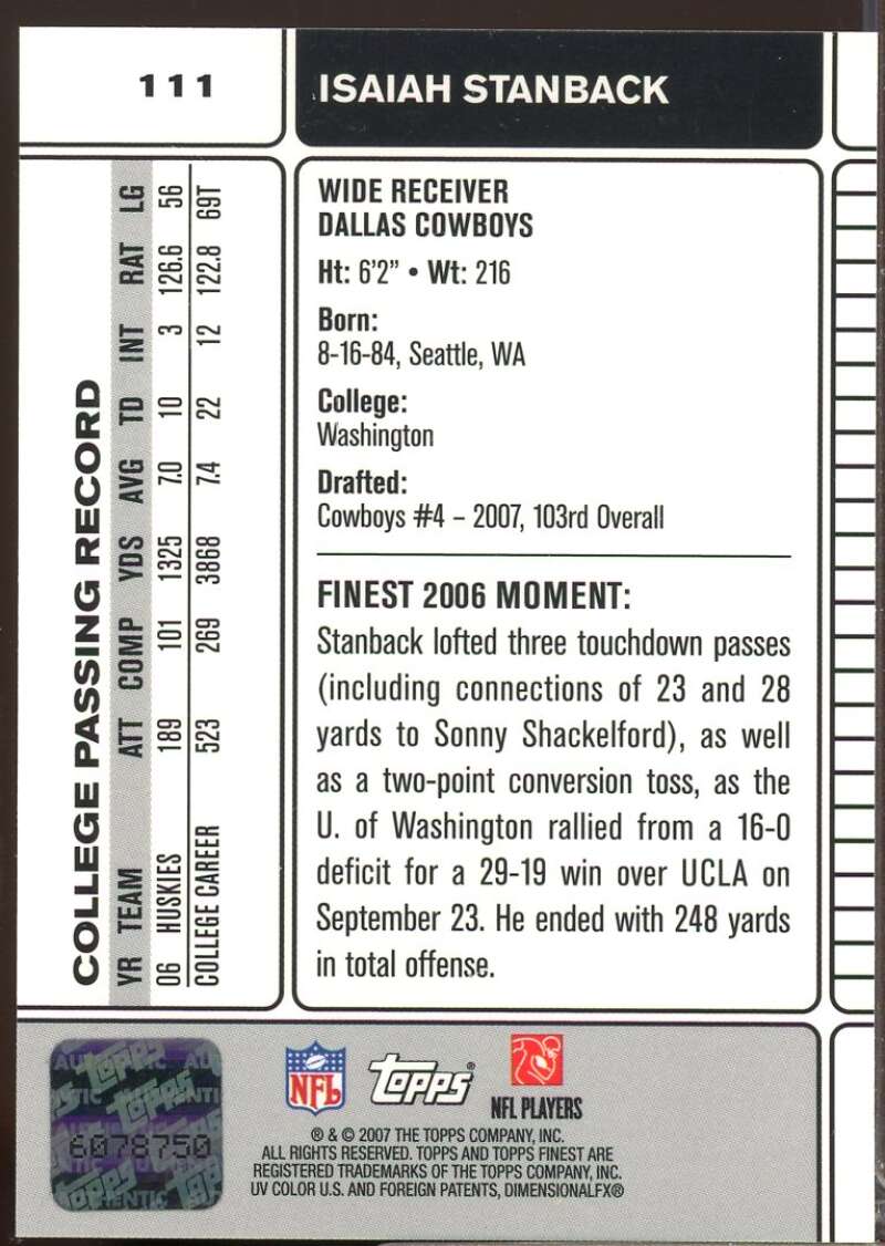 Isaiah Stanback Card 2007 Finest Rookie Autographs #111  Image 2