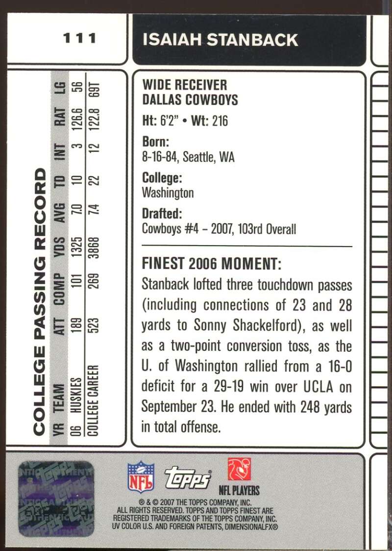 Isaiah Stanback Card 2007 Finest Rookie Autographs #111  Image 2