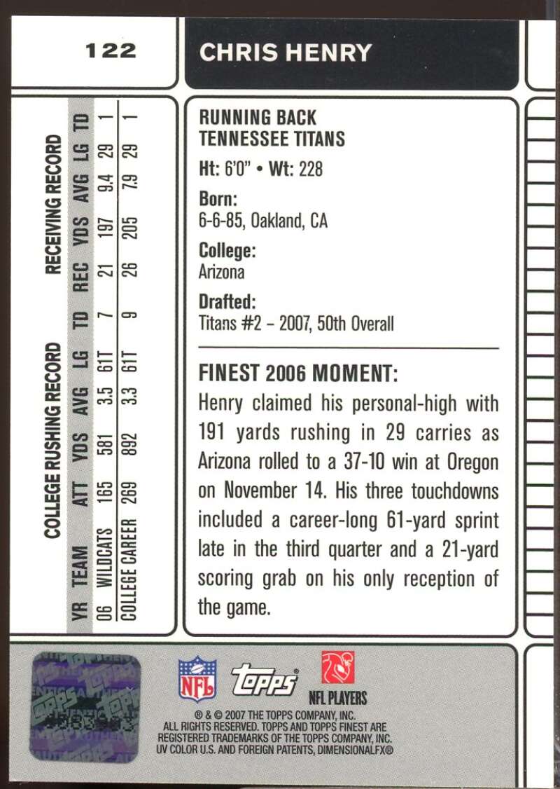 Chris Henry Card 2007 Finest Rookie Autographs #122  Image 2
