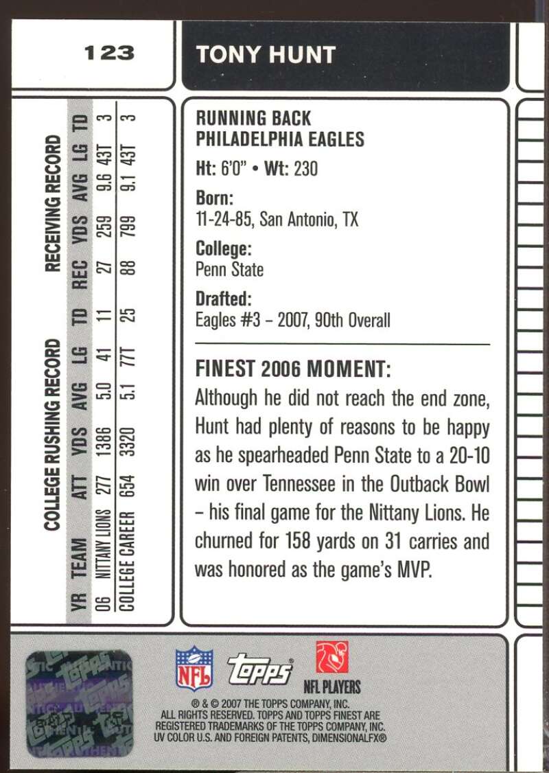 Tony Hunt Card 2007 Finest Rookie Autographs #123  Image 2