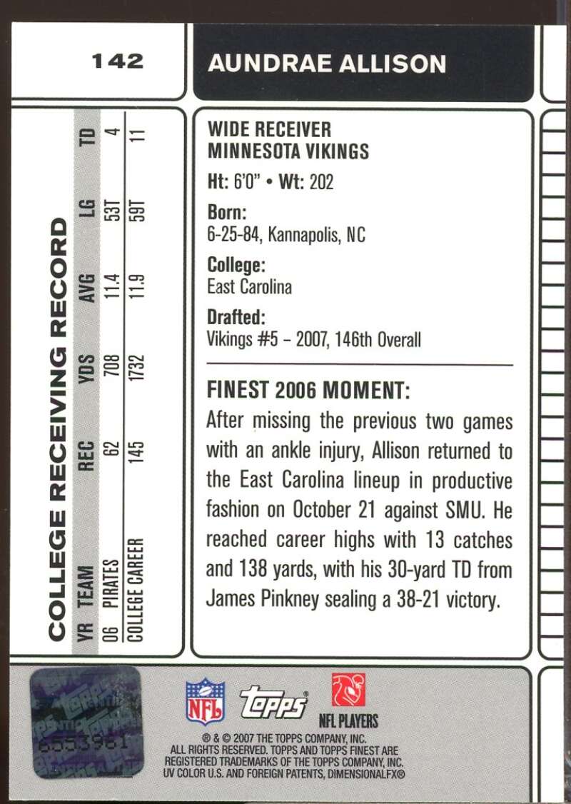 Aundrae Allison Card 2007 Finest Rookie Autographs #142  Image 2