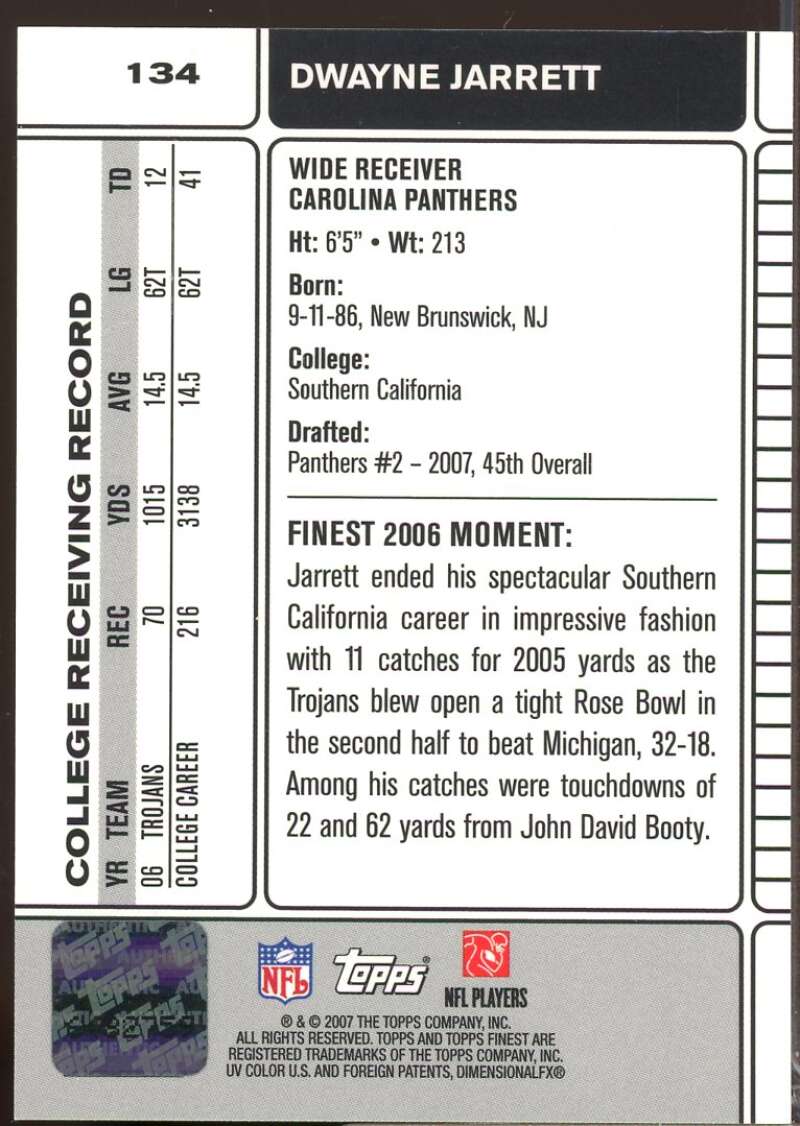 Dwayne Jarrett Card 2007 Finest Rookie Autographs #134  Image 2