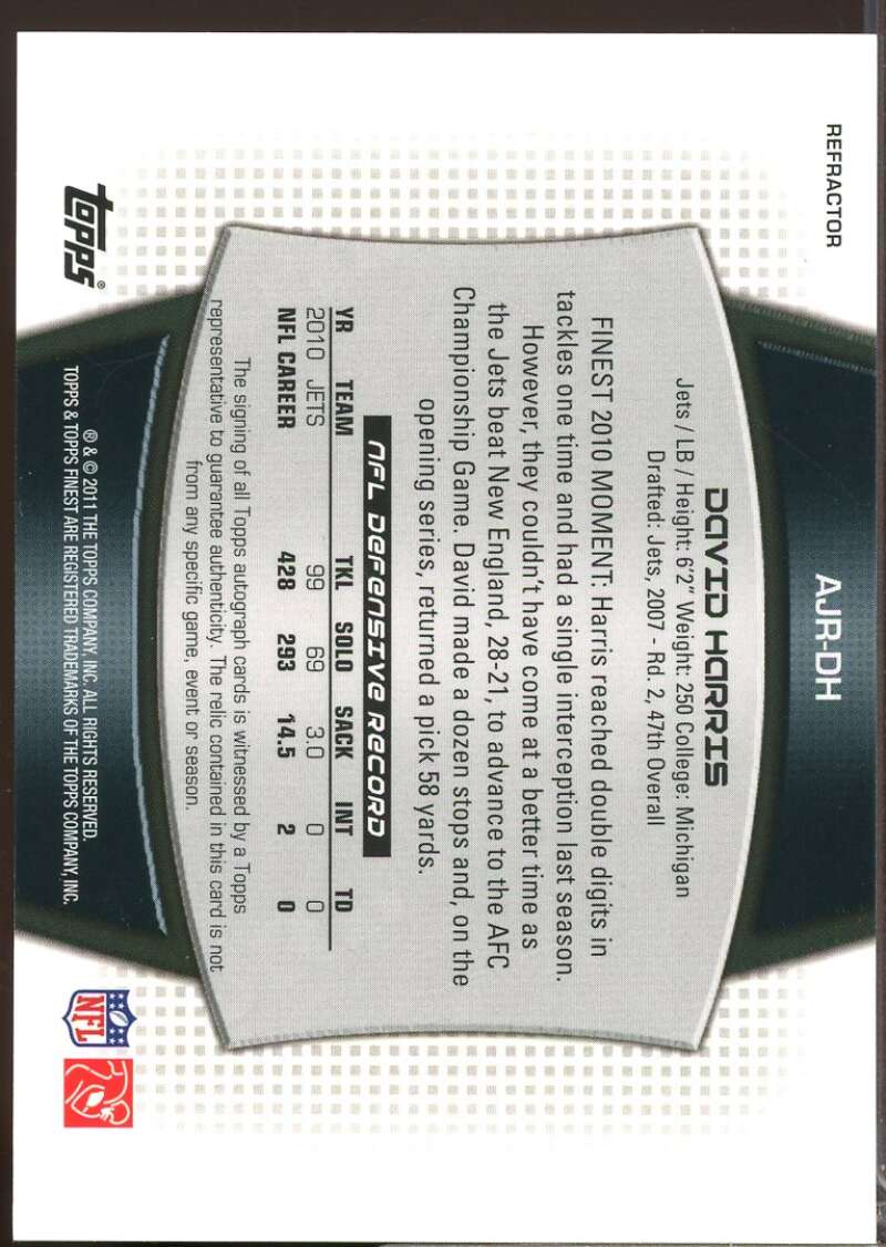 David Harris Card 2011 Finest Jumbo Jersey Autographs Refractors #AJRDH  Image 2