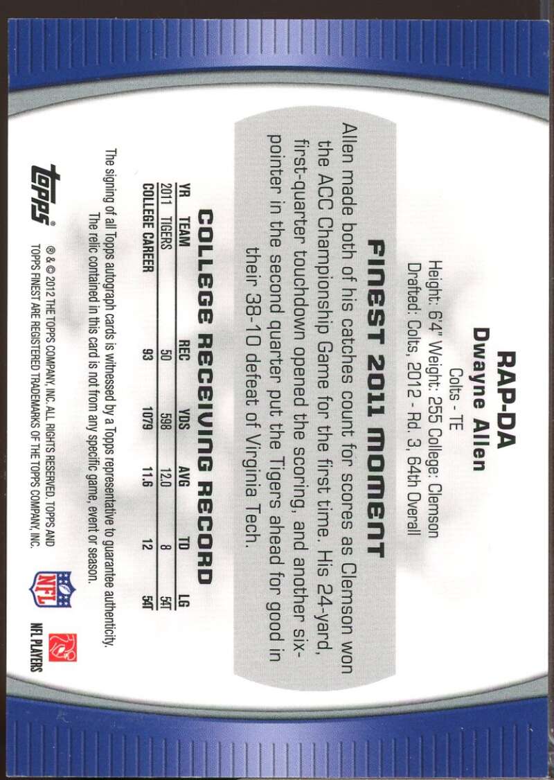 Dwayne Allen /1353 Card 2012 Finest Rookie Patch Autographs Refractors #RAPDA  Image 2