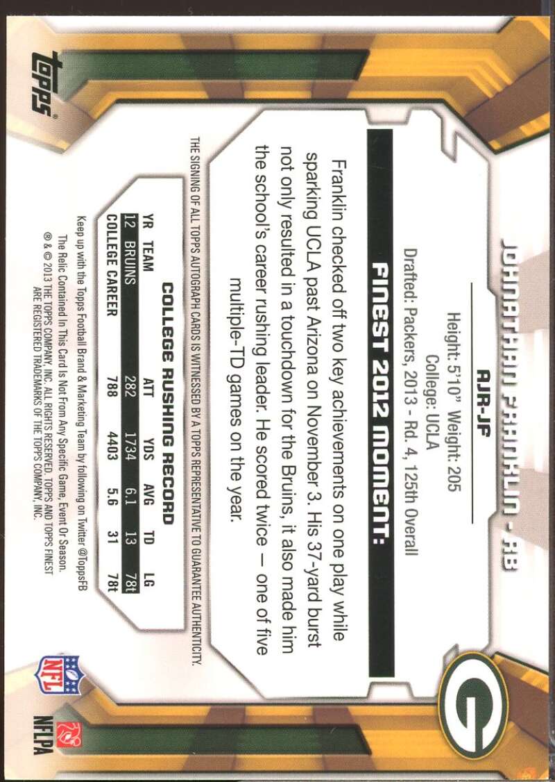 Johnathan Franklin 2013 Finest Rookie Jumbo Jersey Auto Red Refractors #AJRJF  Image 2