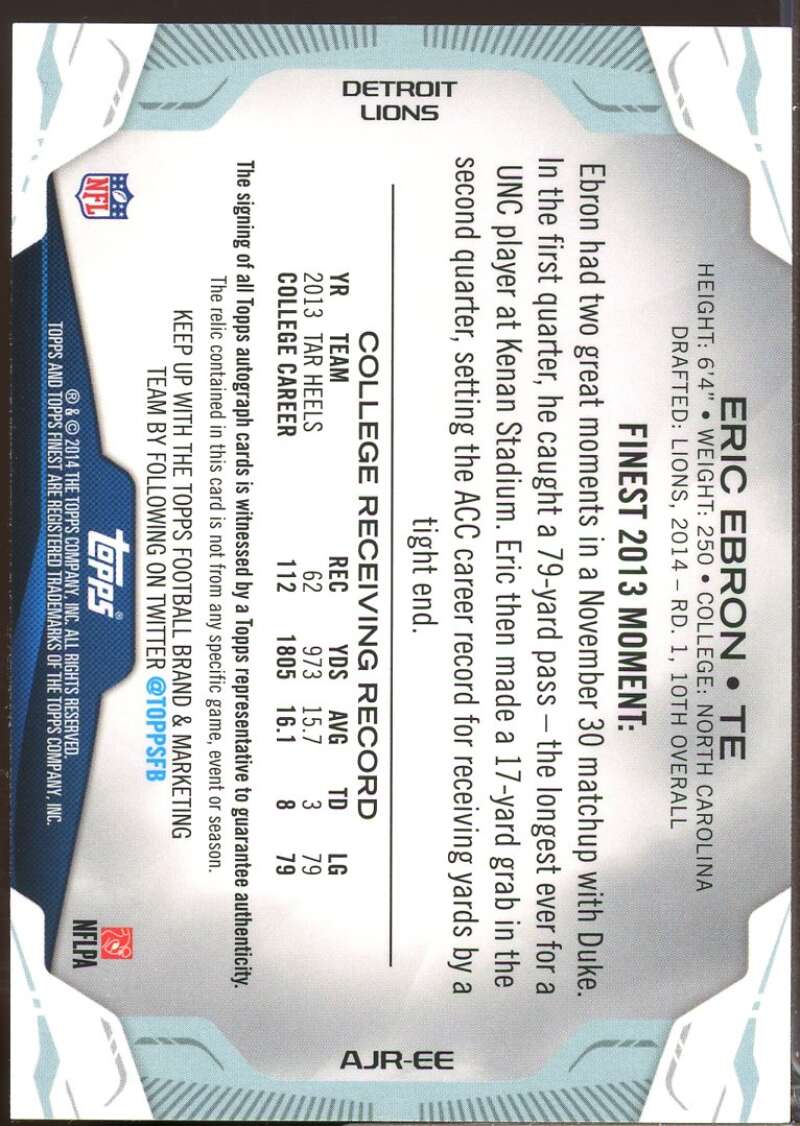 Eric Ebron Card 2014 Finest Rookie Jumbo Jersey Autographs Refractors #AJREE  Image 2