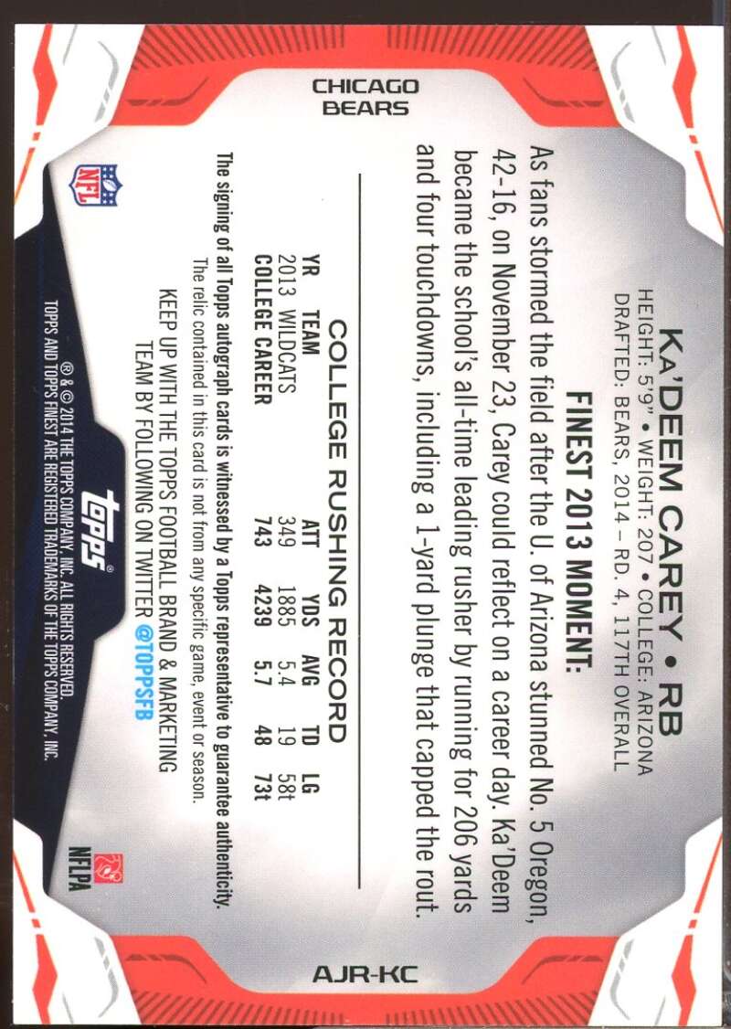 Ka'Deem Carey Card 2014 Finest Rookie Jumbo Jersey Autographs Refractors #AJRKC  Image 2