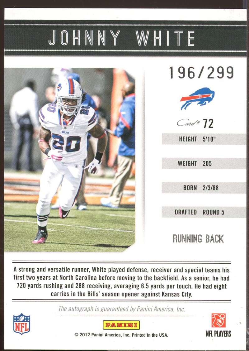Johnny White /299 RC Card 2011 Panini Playbook Rookie Autograph #72  Image 2