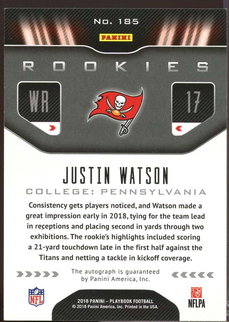 Justin Watson Card 2018 Panini Playbook Rookie Signatures Autograph #185  Image 2