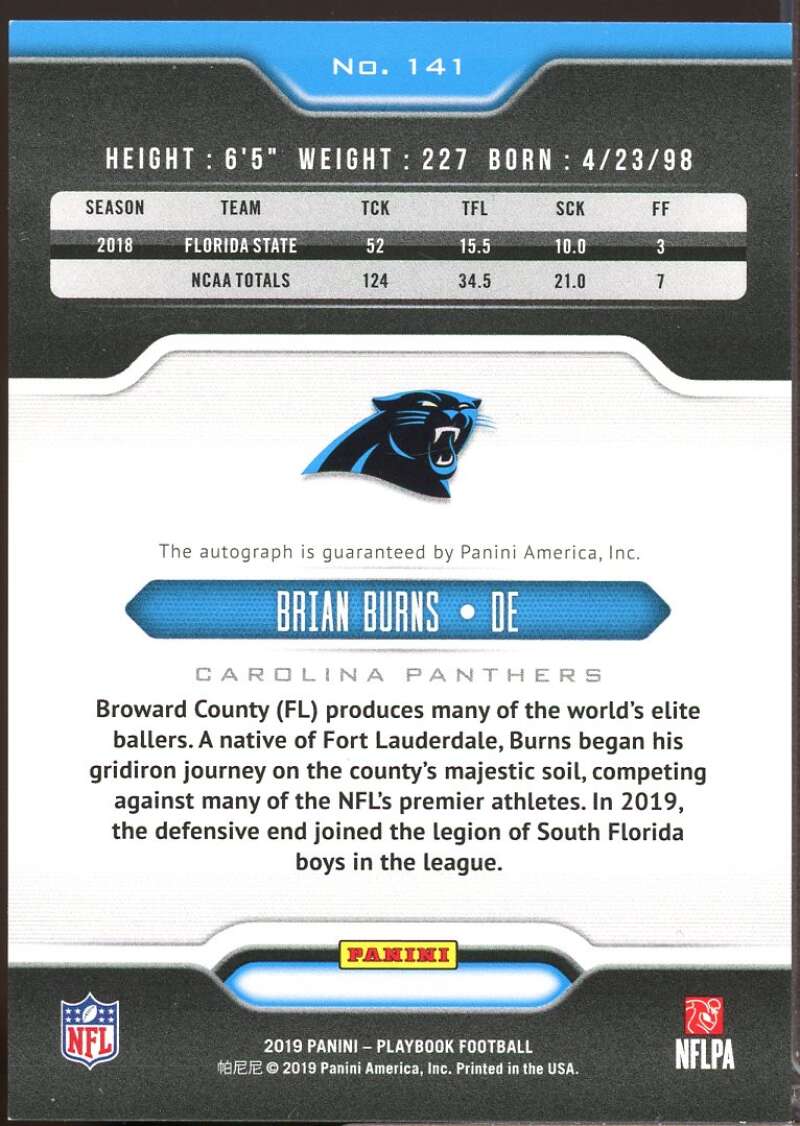 Brian Burns Card 2019 Panini Playbook Rookie Signatures Autograph #141  Image 2
