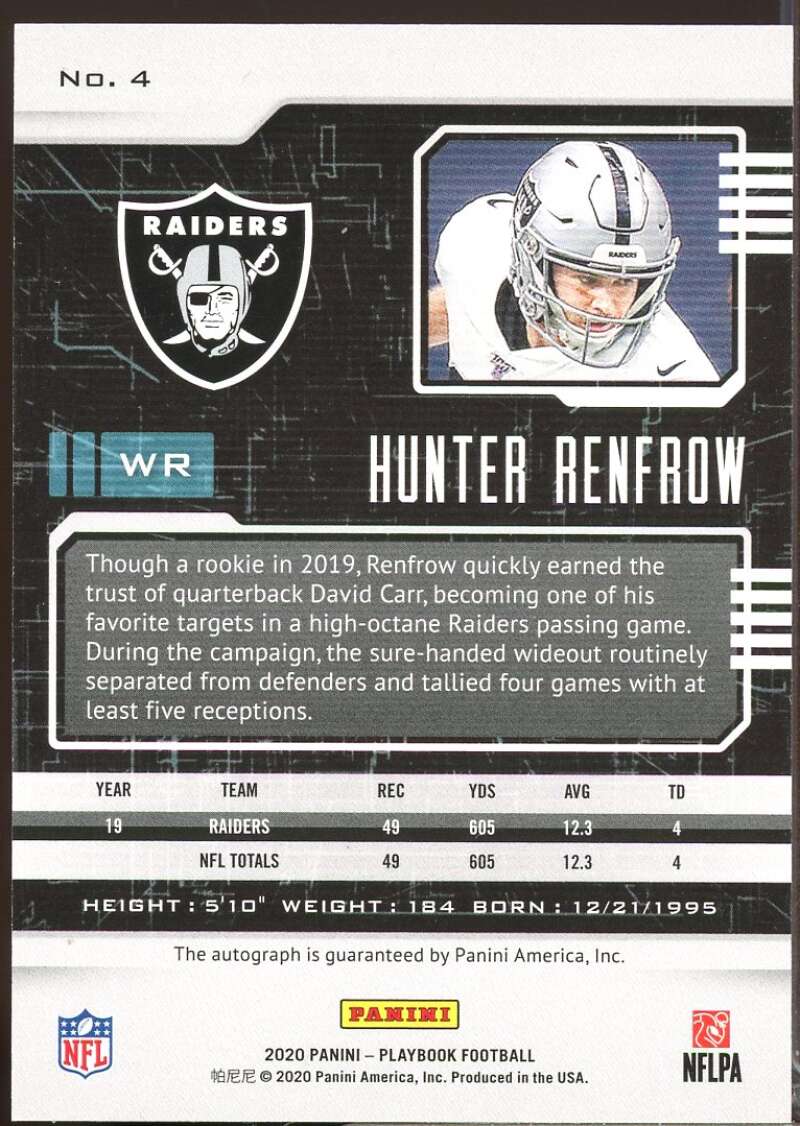 Hunter Renfrow Card 2020 Panini Playbook Signatures Autograph #4  Image 2