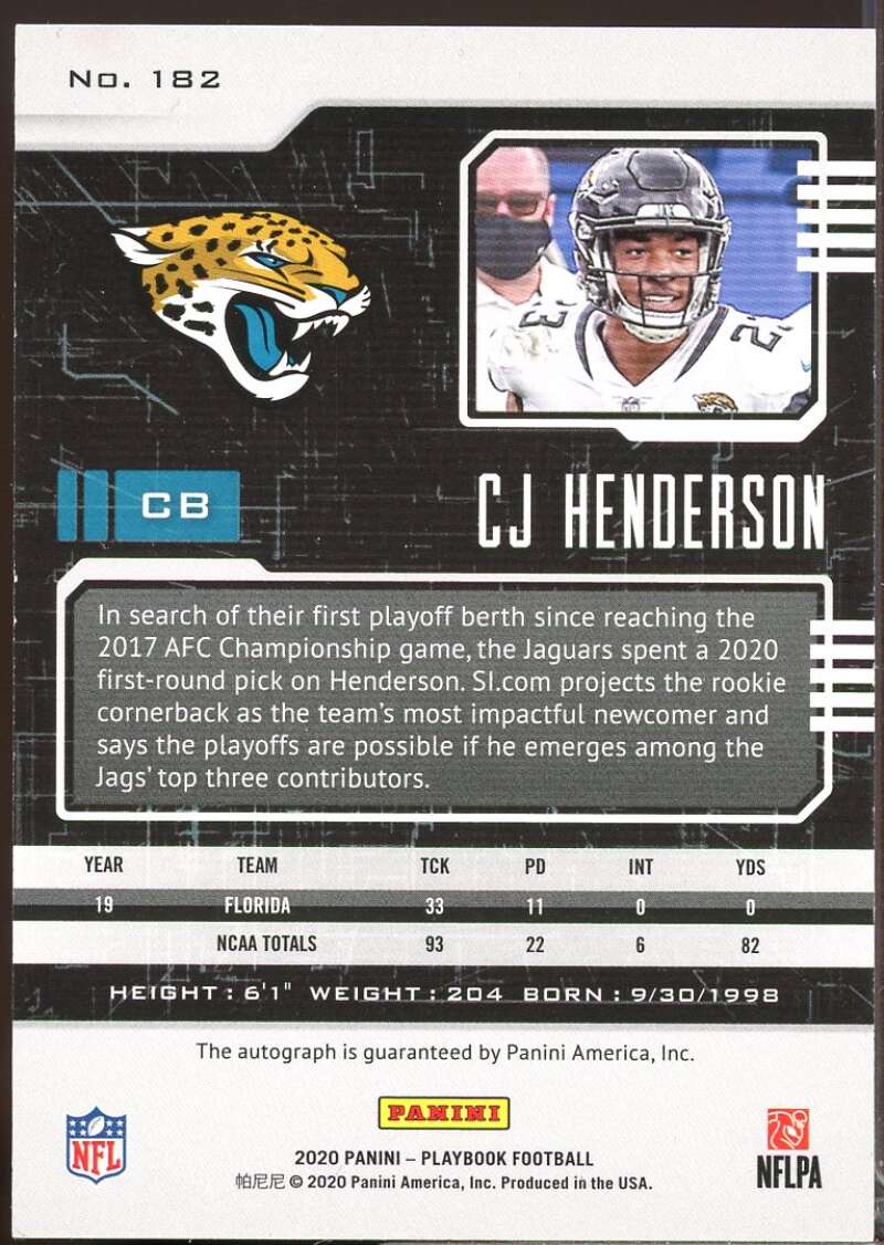 C.J. Henderson Card 2020 Panini Playbook Rookies Signatures Autograph #182  Image 2