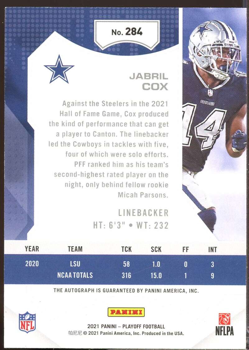 Jabril Cox Card 2021 Playoff Rookies Autographs Red Zone #284  Image 2