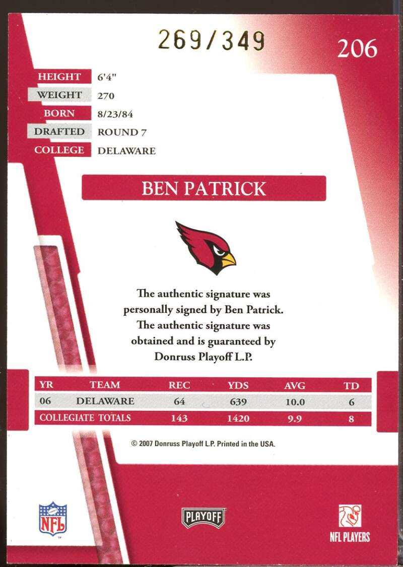 Ben Patrick RC Card 2007 Absolute Memorabilia Rookie Autograph #206  Image 2