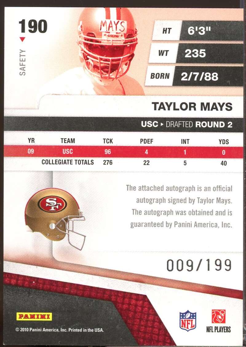 Taylor Mays /199 Card 2010 Absolute Memorabilia Spectrum Gold Autographs #190  Image 2