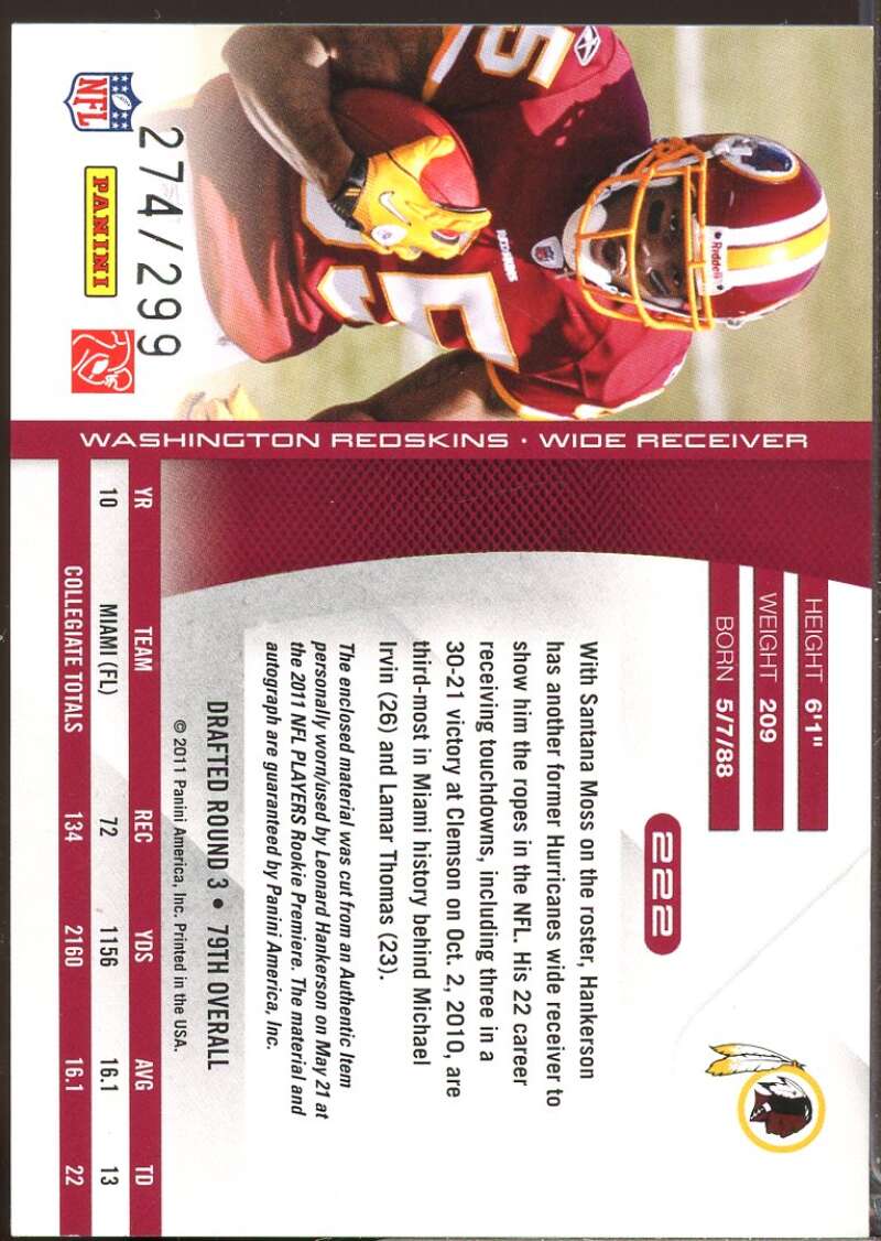 Leonard Hankerson /299 RC 2011 Absolute Memorabilia Rookie Patch Autograph #222  Image 2