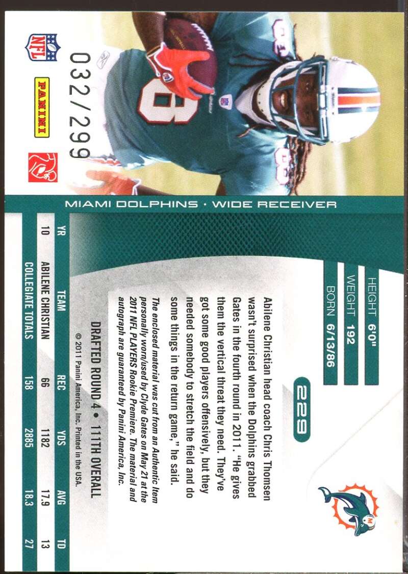 Clyde Gates /299 RC Card 2011 Absolute Memorabilia Rookie Patch Autograph #229  Image 2