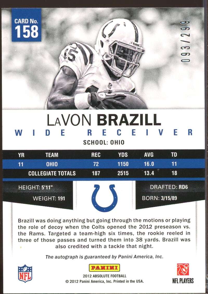 LaVon Brazill /299 Card 2012 Absolute Spectrum Gold Autographs #158  Image 2