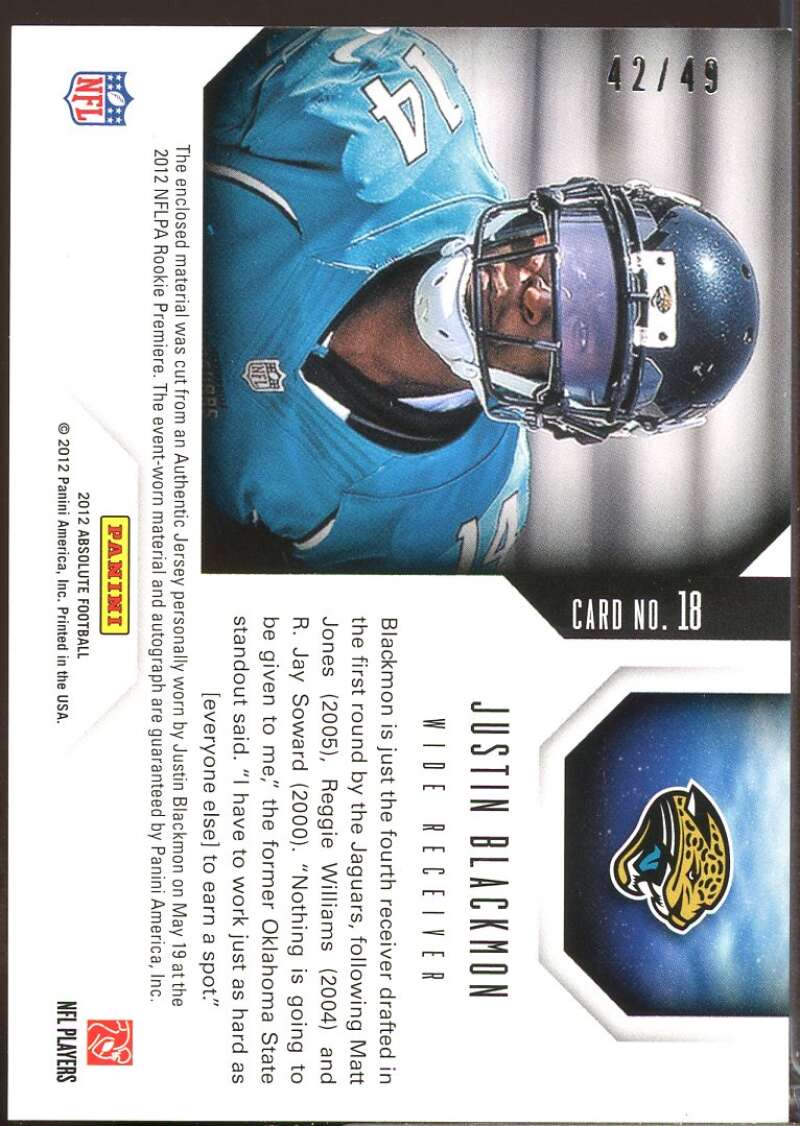 Justin Blackmon 2012 Absolute Star Gazing Rookie Jersey Material Autographs #18  Image 2