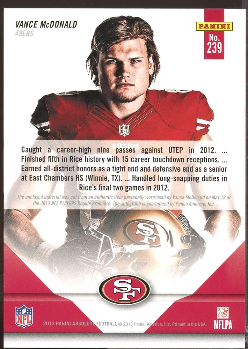 Vance McDonald RC Card 2013 Absolute Rookie Jersey Autograph #239  Image 2
