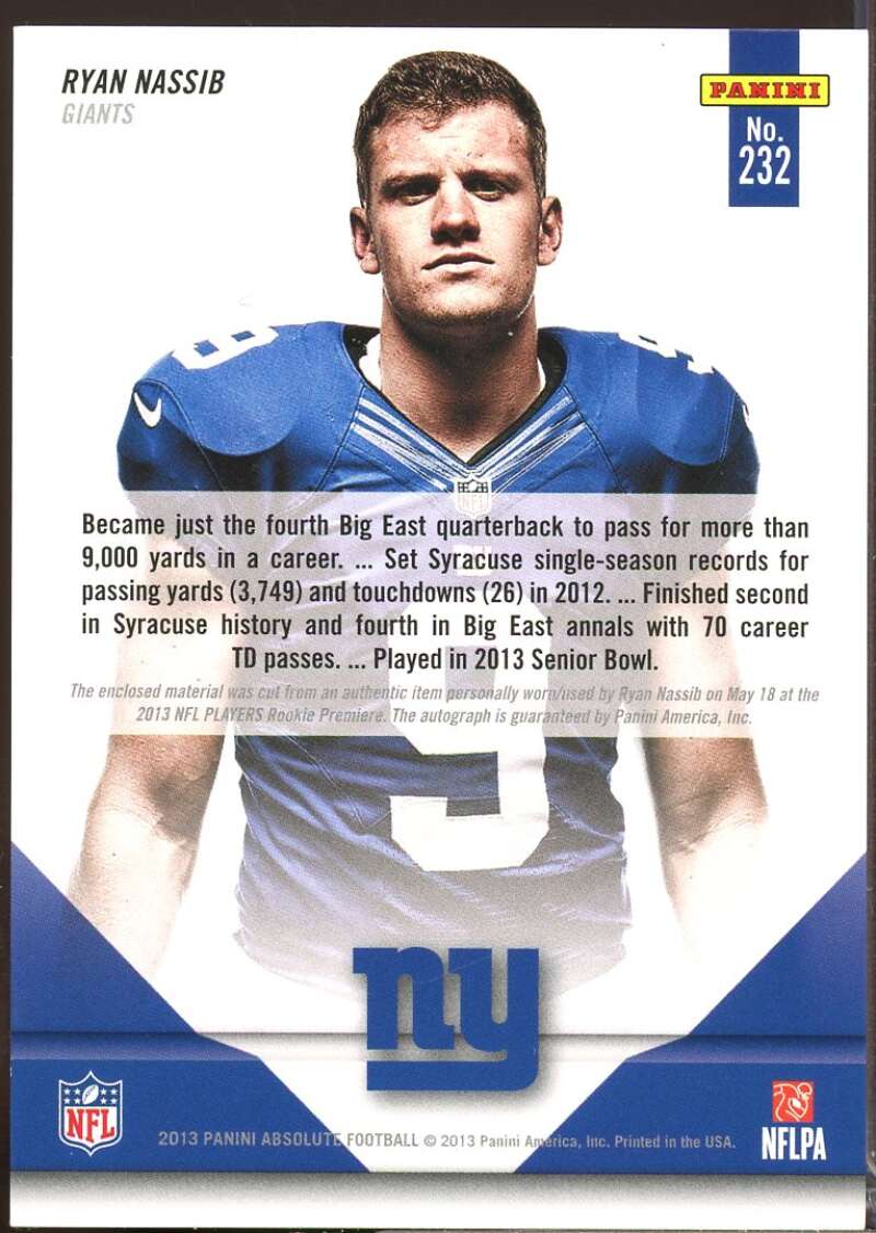Ryan Nassib RC Card 2013 Absolute Rookie Jersey Autograph #232  Image 2