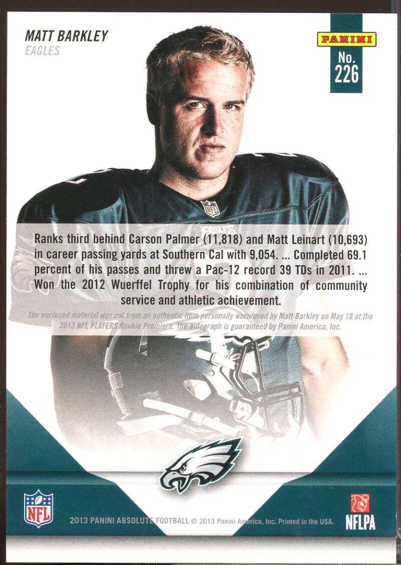 Matt Barkley 2013 Absolute Rookie Premiere Materials Jersey Autographs NFC #226  Image 2